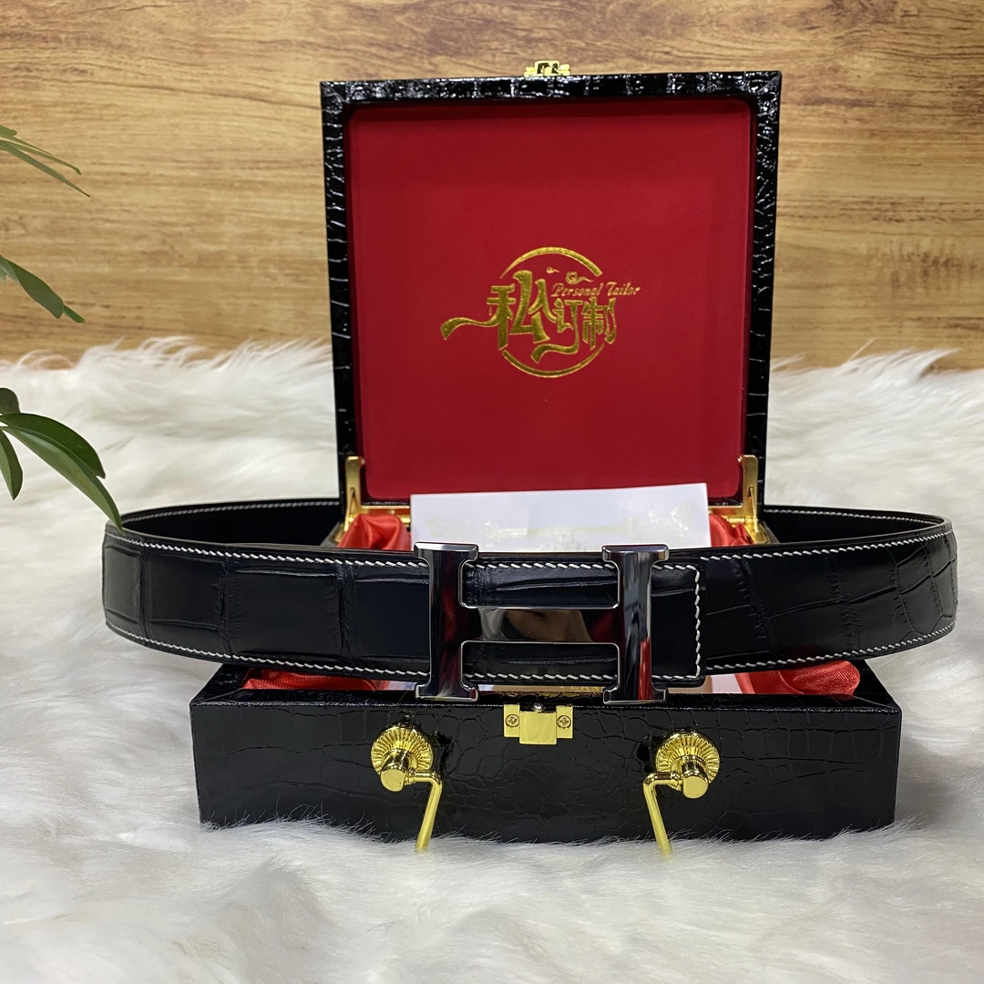 湾鳄du皮腰带底皮马缰手工缝制 搭配头钨钢男士腰带鳄鱼皮腰带