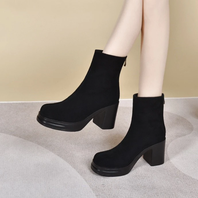 防水台羊皮短靴女2024新款秋冬季方头真皮绒面单靴厚底粗跟高跟鞋