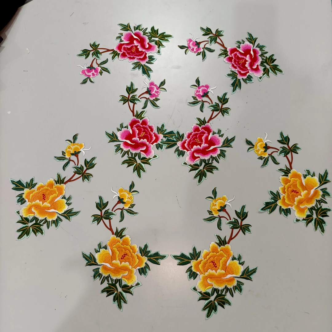 多色牡丹花刺绣布贴中国风服装装饰补丁贴花左右对花旗袍中式装饰