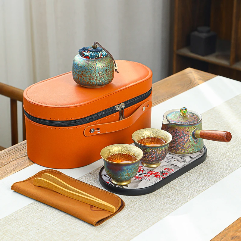 七彩户外便携式旅行茶具套装功夫泡茶壶汝窑快客杯一壶两杯