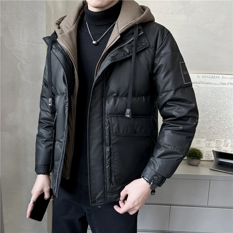 冬季连帽PU皮羽绒服男短款2024新款假两件加厚皮衣加厚保暖外套