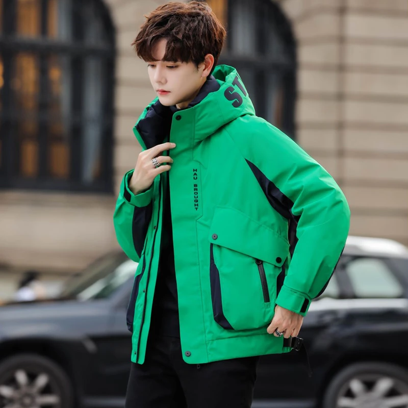 拼色潮流羽绒服男士高端冬季休闲男装2023款百搭连帽工装保暖外套