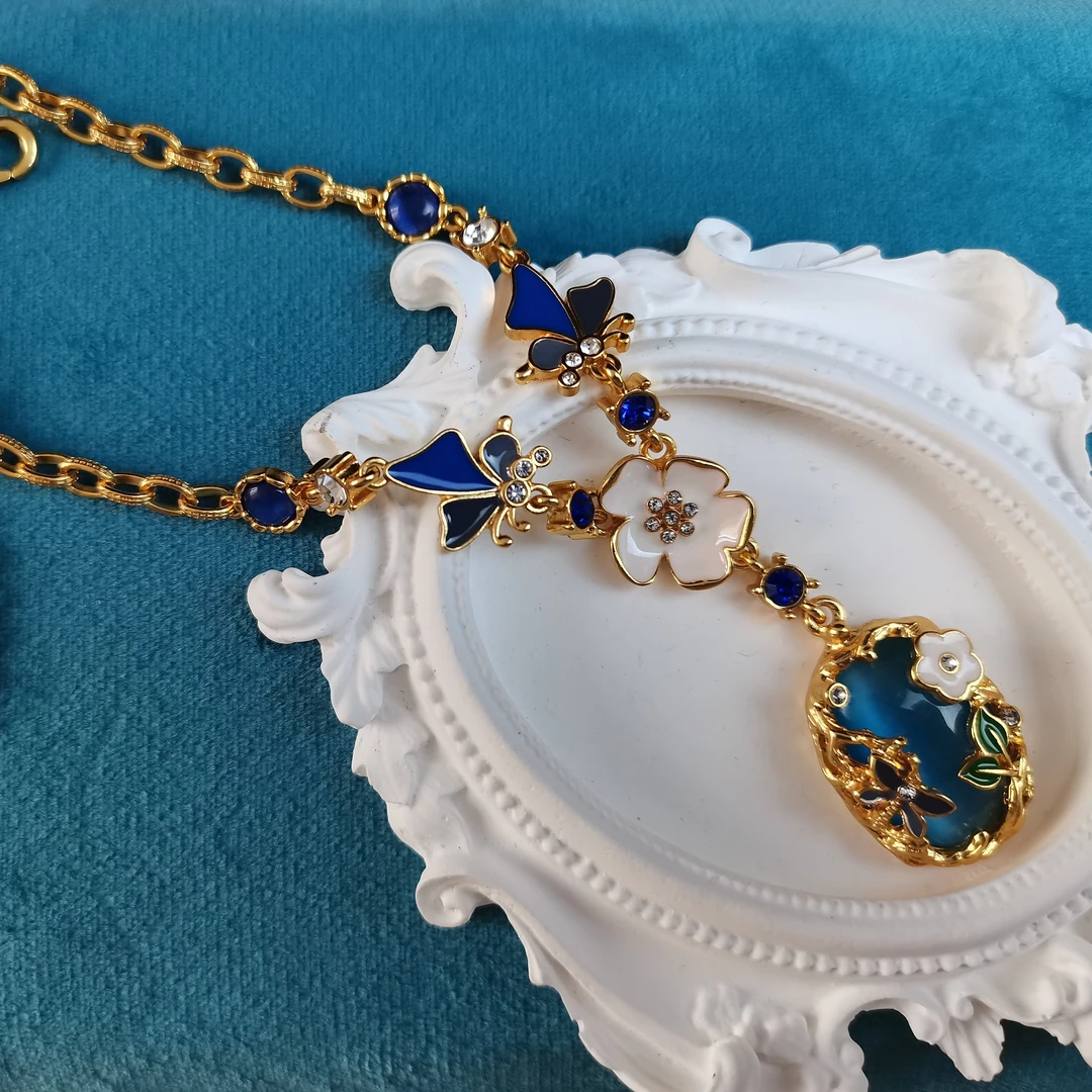 铜合金新中式国风珐琅花朵蜜蜂猫清新甜美中古款金色百搭饰品蓝色