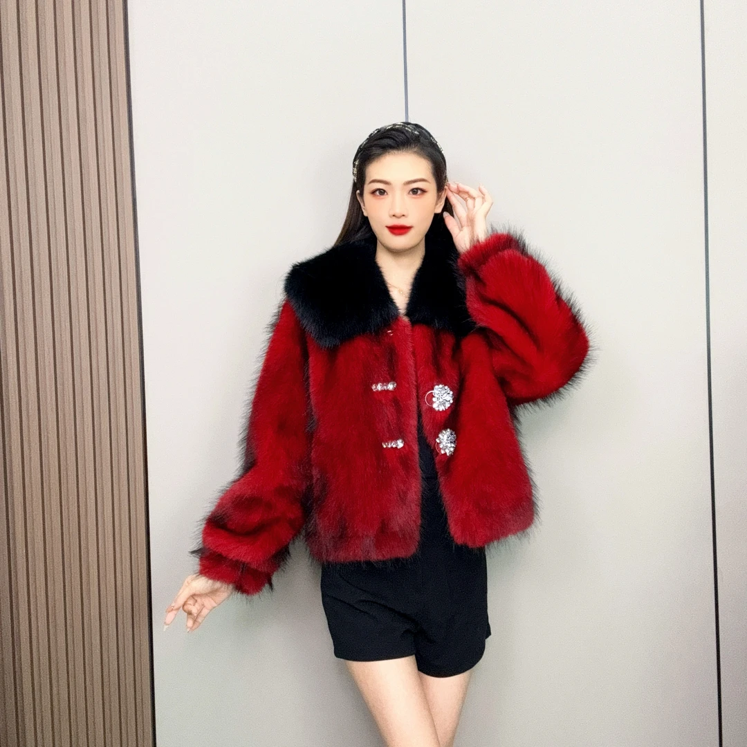玫瑰红轻奢新款时尚简约大毛领韩版短款外套