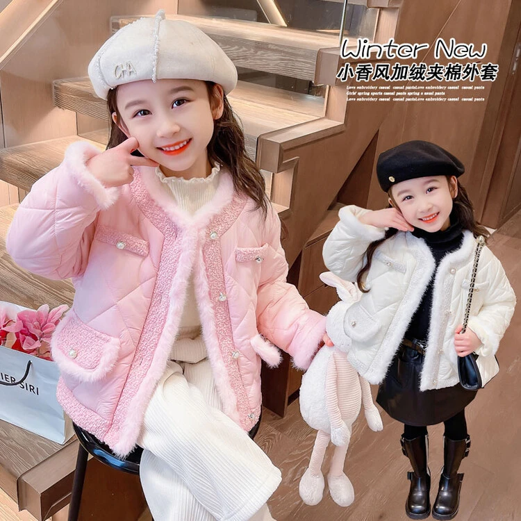 潮款儿童外套网红爆款洋气时髦冬季珍珠扣小香风毛边加绒保暖外套