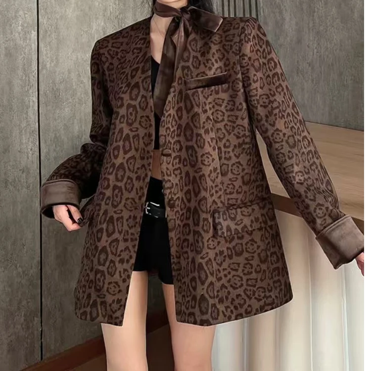 Yuanzhan/媛站豹纹麂皮绒西装外套女秋冬腰带系带收腰显瘦