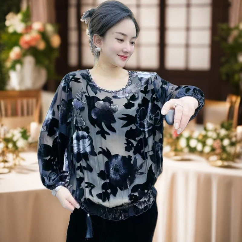 1980-桑蚕丝上衣打底衫大码女装真丝植绒烧花镂空工艺面料100含量