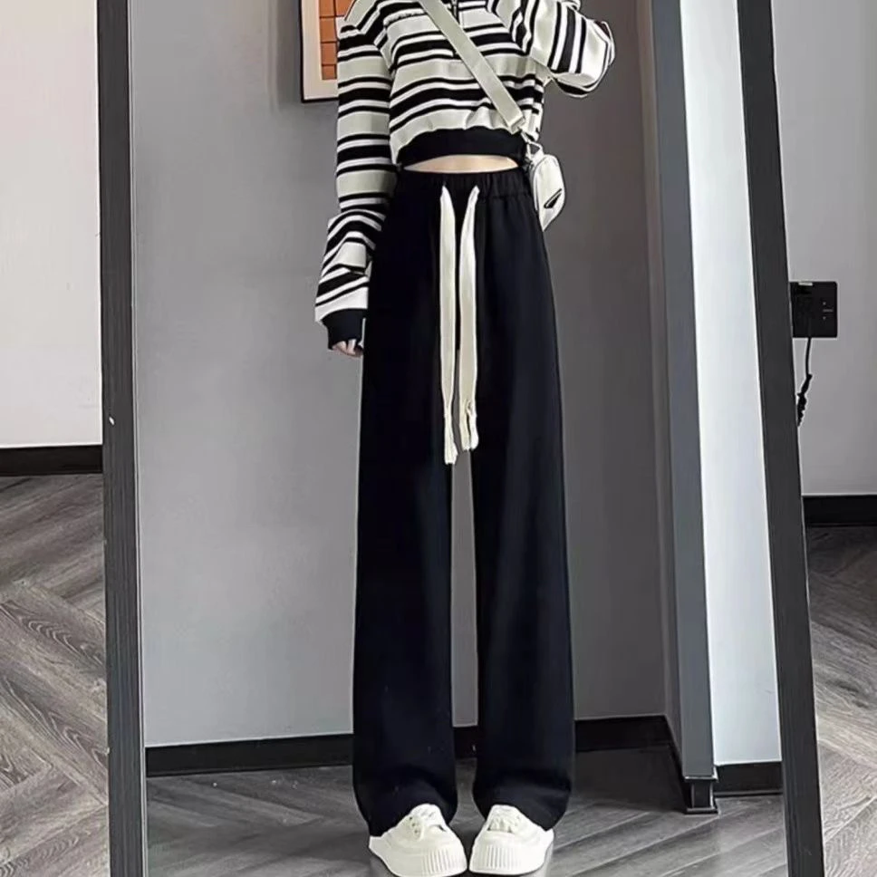 黑色窄版抽绳阔腿裤子女有口袋新款春夏季高腰垂感休闲拖地直筒裤