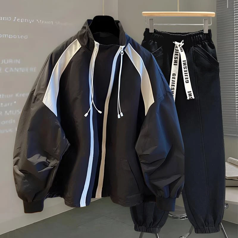 潮牌纯色冲锋衣套装男春秋季韩版潮流双拉链设计拼色立领风衣外套