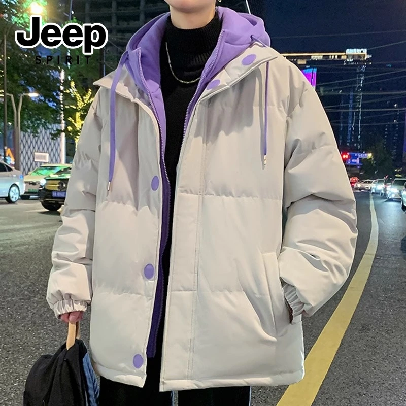 吉普男冬季潮牌棉衣加厚外套男士假两件棉服连帽港风棉袄宽松潮流