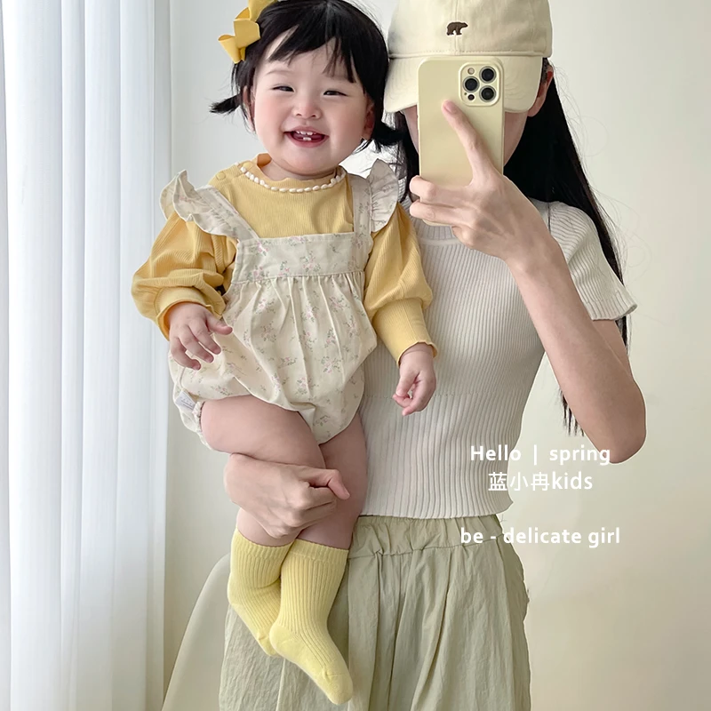 K24C25儿童女宝宝春秋长袖韩版真两件洋气百搭包屁碎花套装