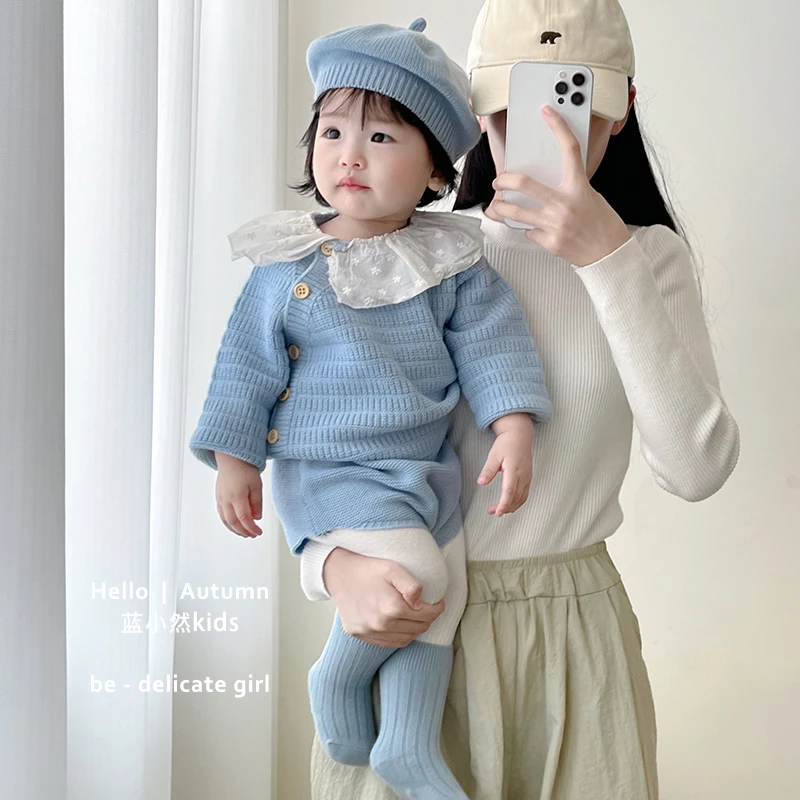 K24Q66儿童女宝宝春秋韩版外穿洋气百搭翻领针织套装女童长袖婴儿