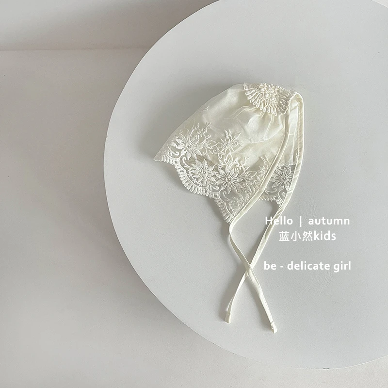 PS2282儿童女宝宝法式田园蕾丝花边三角巾花朵白色复古装饰帽
