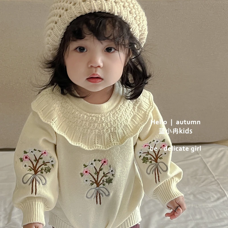 K23Q25儿童毛衣女童长袖婴儿针织宝宝女宝秋冬绣花洋气圆领包屁