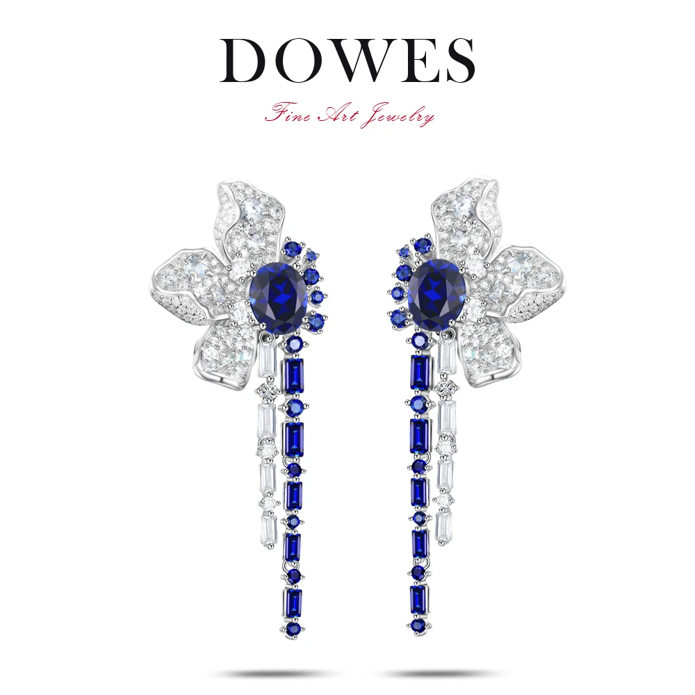 DOWES 925银合成锆石耳饰 流苏气质蓝色长款百搭耳钉设计耳坠