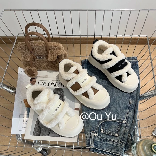 毛绒绒厚底百搭魔术贴面包鞋ins风加绒时尚休闲鞋6218