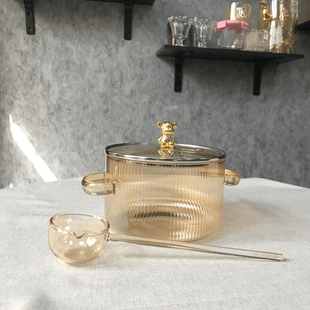 琥珀色竖纹小熊汤锅高硼硅大容量汤碗买锅送高硼硅勺子