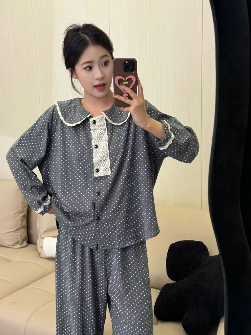 VINEEMAN【圈圈点点】睡衣女套装棉舒适家居长袖长裤四季睡衣套装