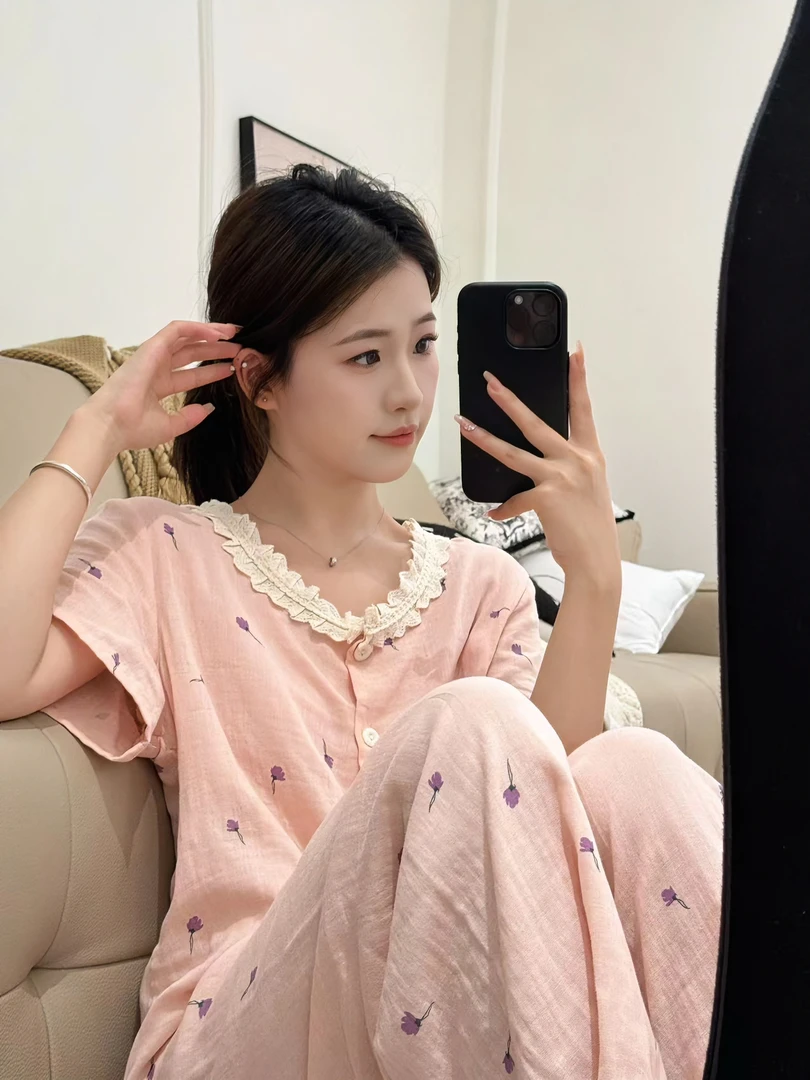 VINEEMAN【春日花花】春秋四季睡衣女蕾丝花边家居服宽松棉韩版套装