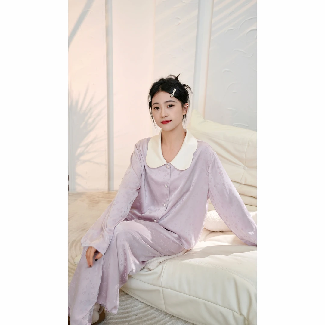 VINEEMAN紫韵新中式睡衣女套装新款透气江南提花断面舒适家居服
