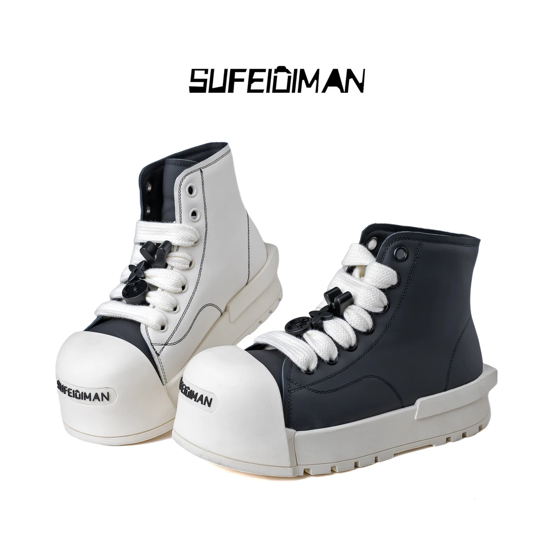 素菲迪缦百搭厚底休闲风真皮高帮牛皮男鞋黑白鸳鸯色靴马丁靴男士