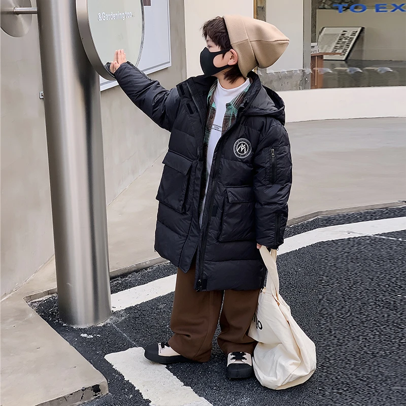 儿童冬季中长款羽绒服男童2022新款洋气女童过膝工装加厚韩版外套