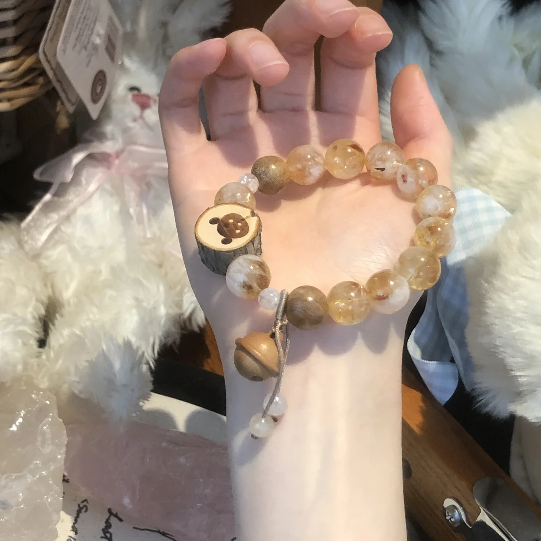 SG1010-［熊熊伐木桩］黄水晶木质铃铛小熊编绳手串