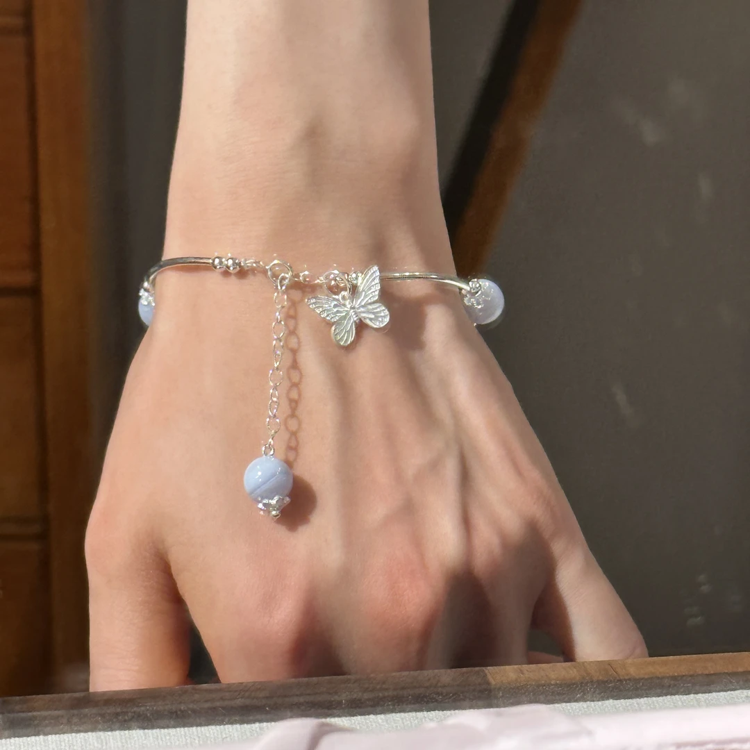 SG675-蓝纹玛瑙小蝴蝶吊坠弯管手链均有瑕色差多样性