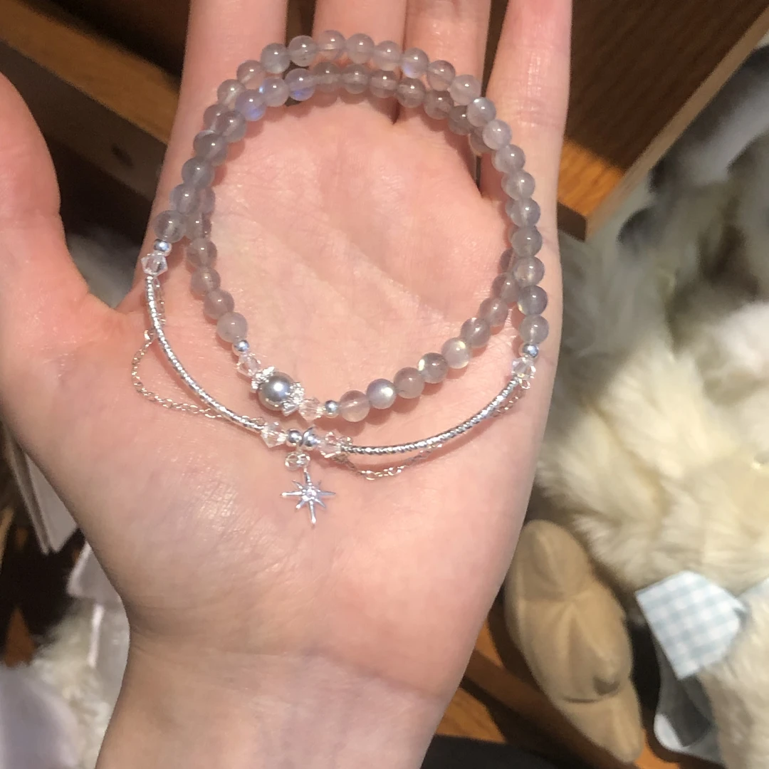 SG986-［星辰幕落］灰月光拉长石锆石s925手串