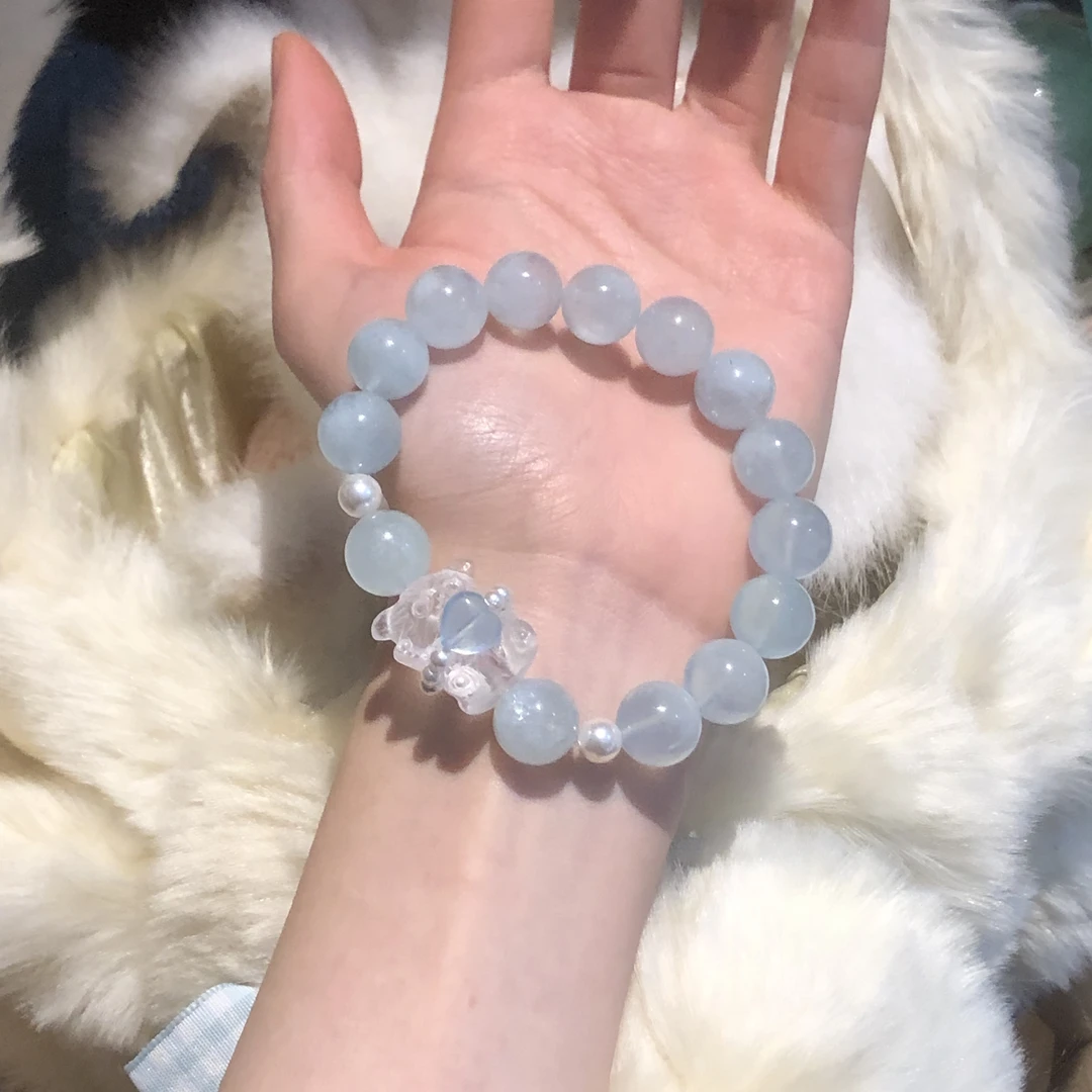 SG1276-［抱心小熊］海蓝宝白水晶施华洛珠珠手串