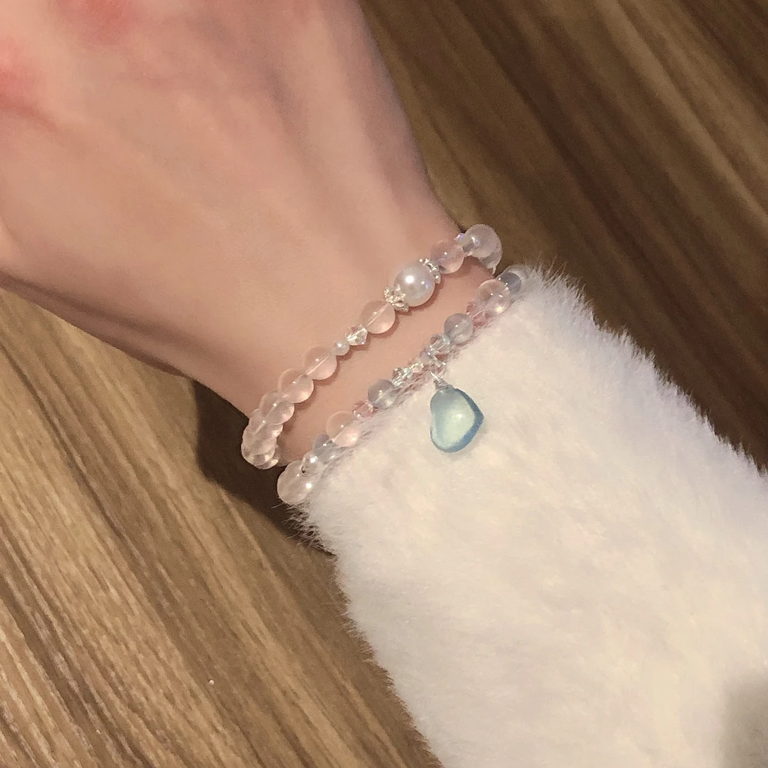 SG1472-［蔚蓝心动］粉水晶海蓝宝爱心双圈手串施华洛少女芭蕾风