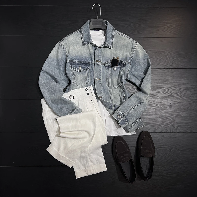 绅士经典复古做旧老钱风牛仔水洗夹克男士商务休闲绅装牛仔外套
