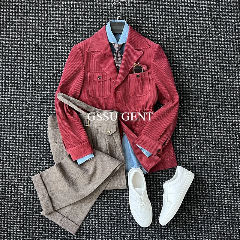 那不勒斯复古灯芯绒收腰猎装夹克男士绅装商务通勤多口袋复古外套