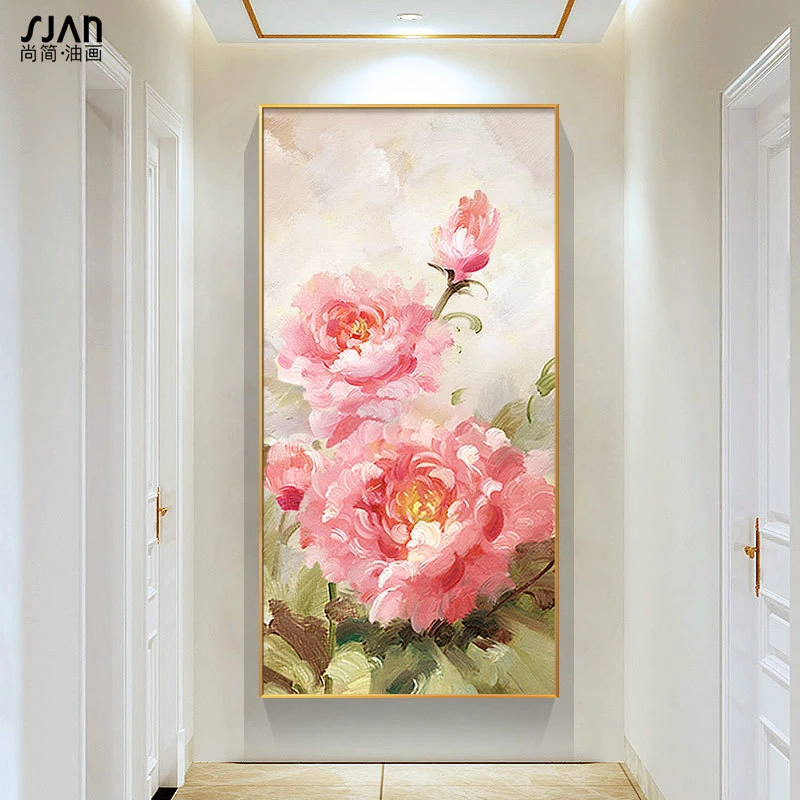 纯手绘油画入户玄关装饰画竖版过道走廊客厅餐厅挂画牡丹花开富贵