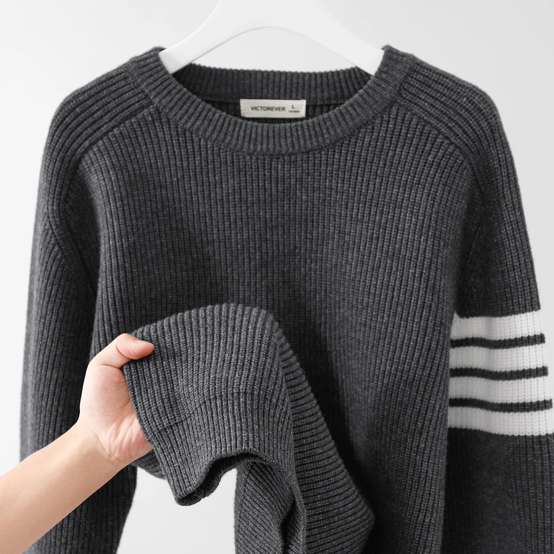 叁STUDIO 深灰色加厚撞色针织衫毛衣男百搭宽松休闲长袖上衣