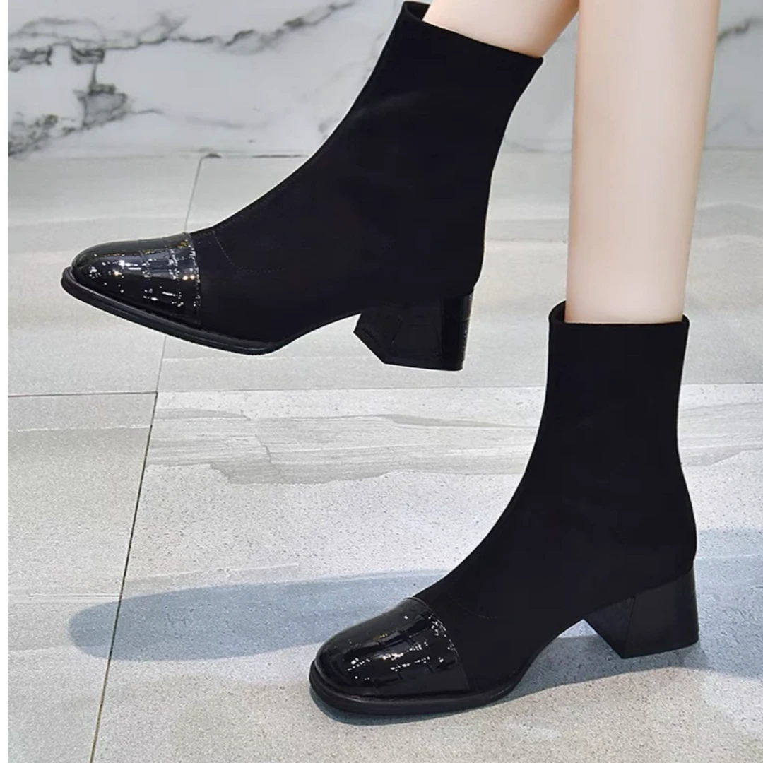 2024秋冬新款方头鞋粗跟女鞋弹力靴真皮瘦瘦靴时尚低跟真皮女靴