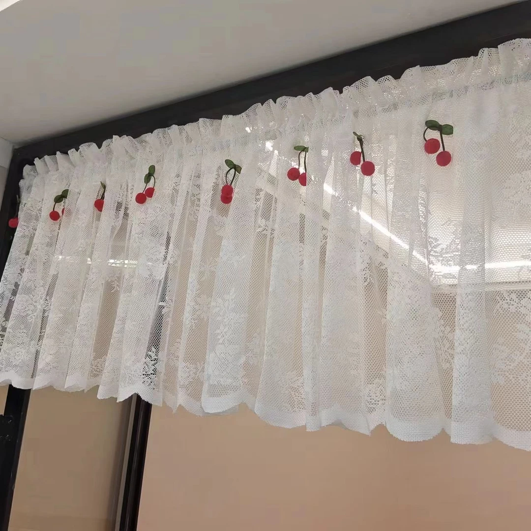 短帘遮挡帘防尘帘纱帘隔断帘柜帘遮丑帘蕾丝帘半帘带樱桃免打孔