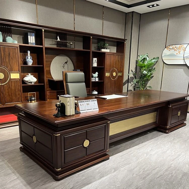 新中式大班台中式简约总裁办公室办公桌老板桌乌金木实木家具定制