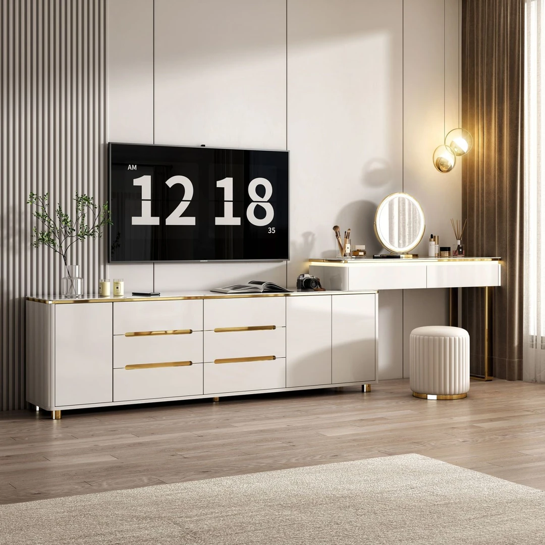 轻奢实木烤漆岩板梳妆台收纳柜一体简约现代卧室电视柜斗柜化妆台