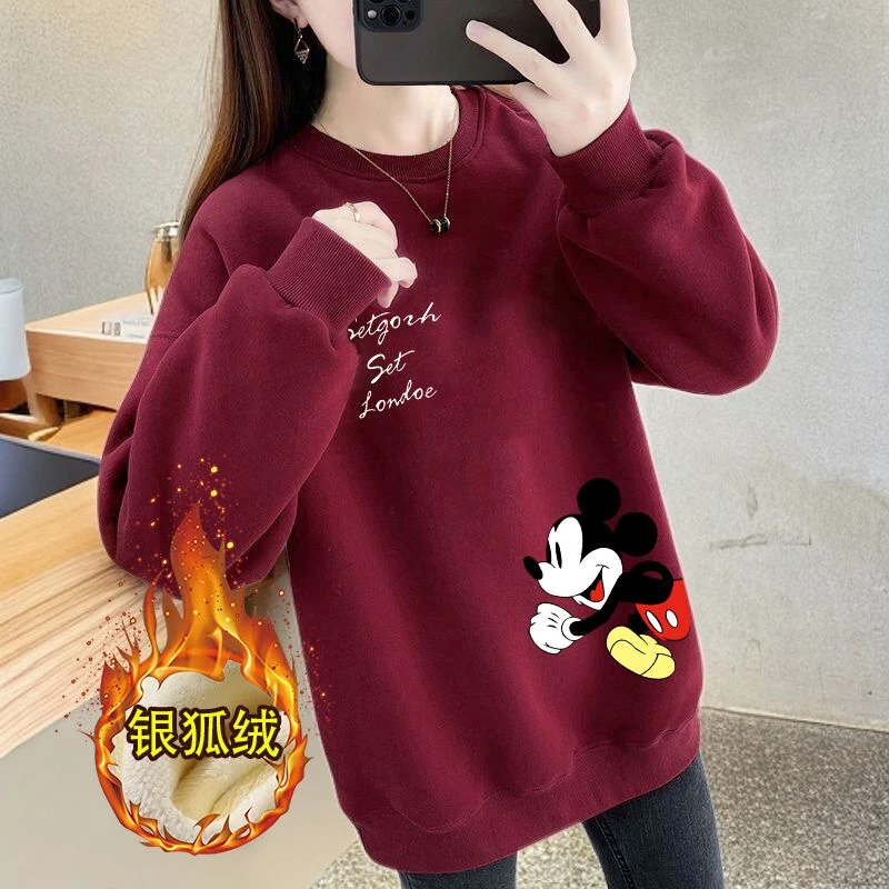 【棉】加绒加厚卫衣女2025秋冬新款圆领宽松显瘦米奇印花外穿上衣潮