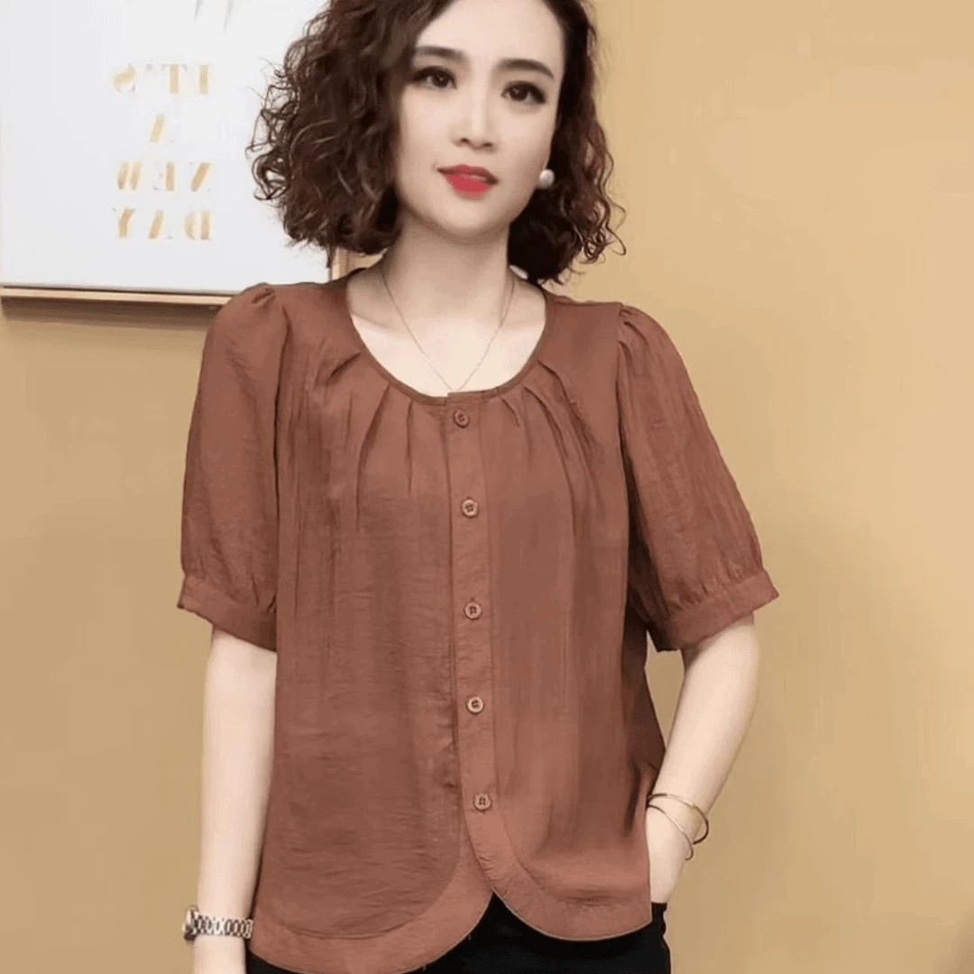 时尚简约圆领短袖小衫女夏季2025新款洋气宽松百搭休闲衬衫女衬衣