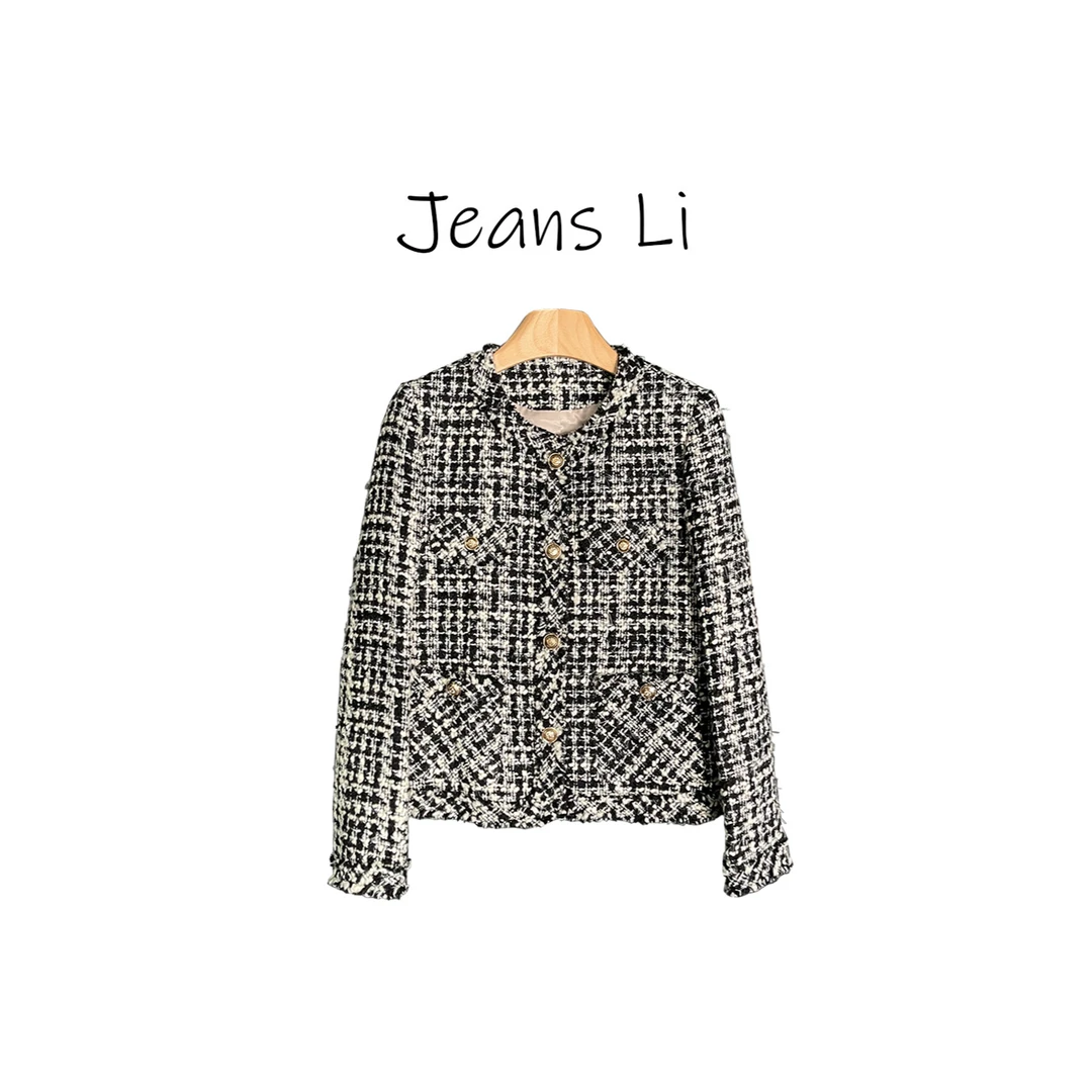【Jeans Li】新款圆领粗花呢气质显瘦百搭小香风短款外套