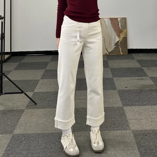 【赤耳丹宁】翻边小直筒烟管裤显瘦高腰时尚百搭C1062