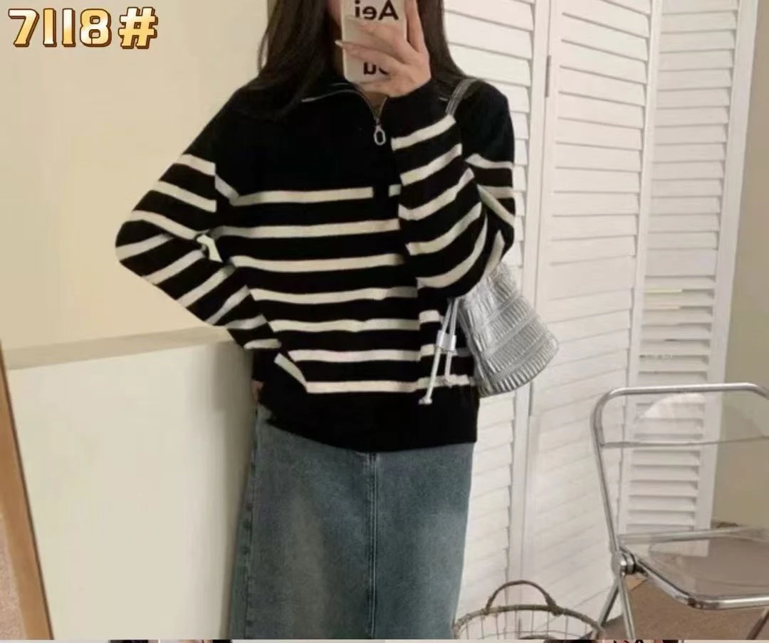 秋冬新款条纹毛衣宽松针织衫慵懒风翻领套头上衣拉链