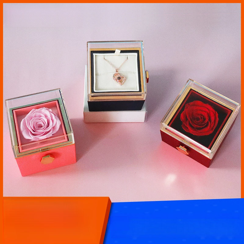 情人节礼物永生玫瑰花首饰盒可翻转戒指盒圣诞礼品送女生项链礼盒