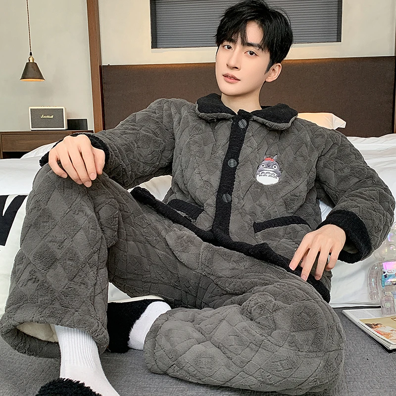 男士睡衣秋冬季珊瑚绒三层夹棉保暖棉袄宽松大码家居服两件套装新