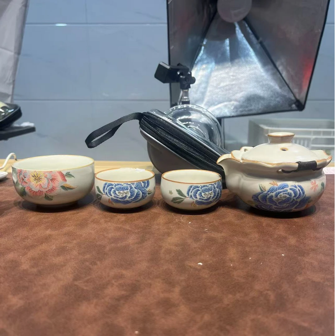 A264牡丹花汝窑功夫便携式户外套装旅行茶具客杯露营一壶陶瓷三杯