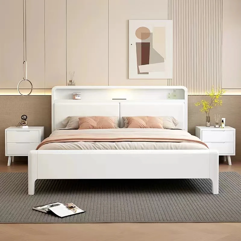 美式实木雕花系列榫卯大床松弛感轻奢简约奶油风白色家用储物高箱