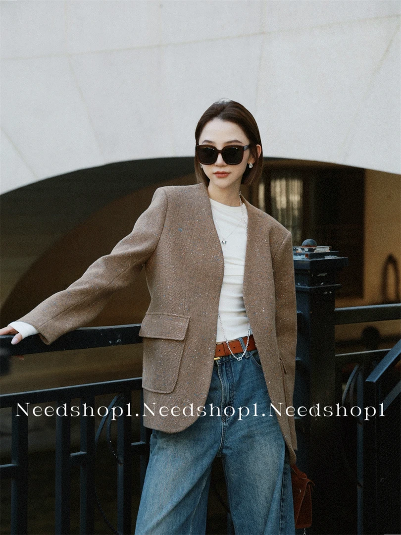 【NeedShop1】咖色无领简约毛呢西装外套