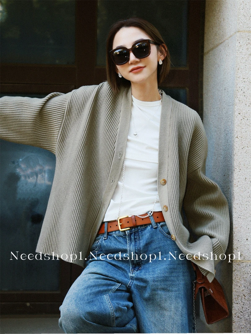 【NeedShop1】灰绿色随性针织开衫外套